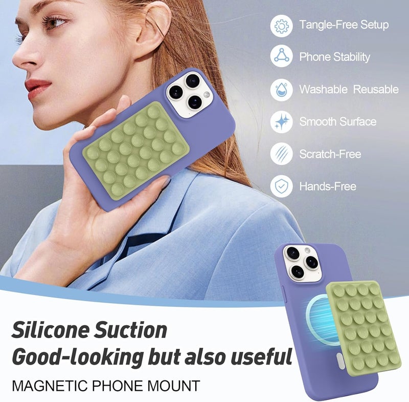 OPOM Magnetic Suction Phone Mount for MagSafe Case,Silicone Sticky Phone Grip Holder for iPhone,Removable Hands-Free Selfie/Video for TikTok & Instagram Influencer/Creator (Green) - Image 3